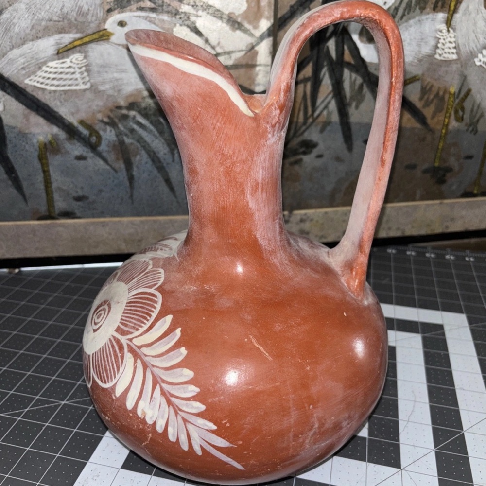 Handcrafted Terracotta Pitcher with White Floral Design